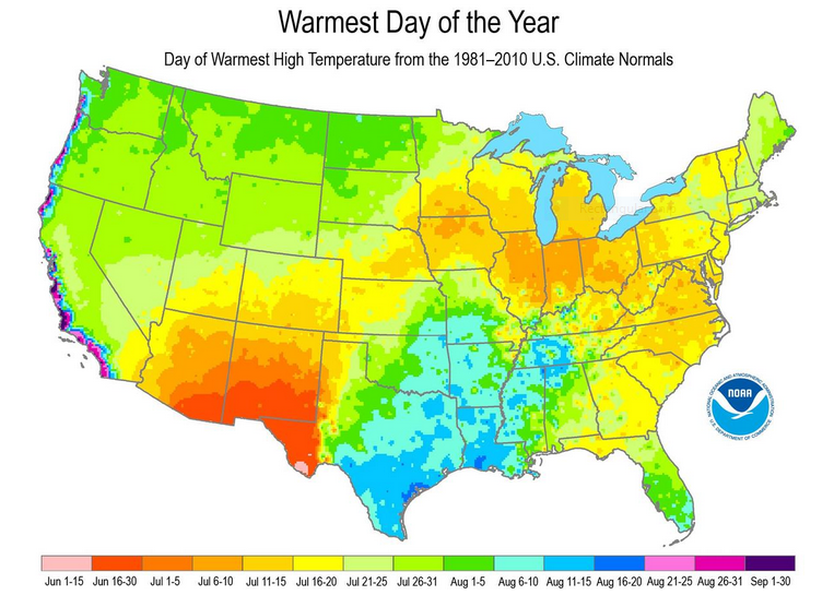 Warmest Day of the Year U.S. Map (Day of Warmest High Temperature from the 1981 -2010 U.S. Climate Normals)